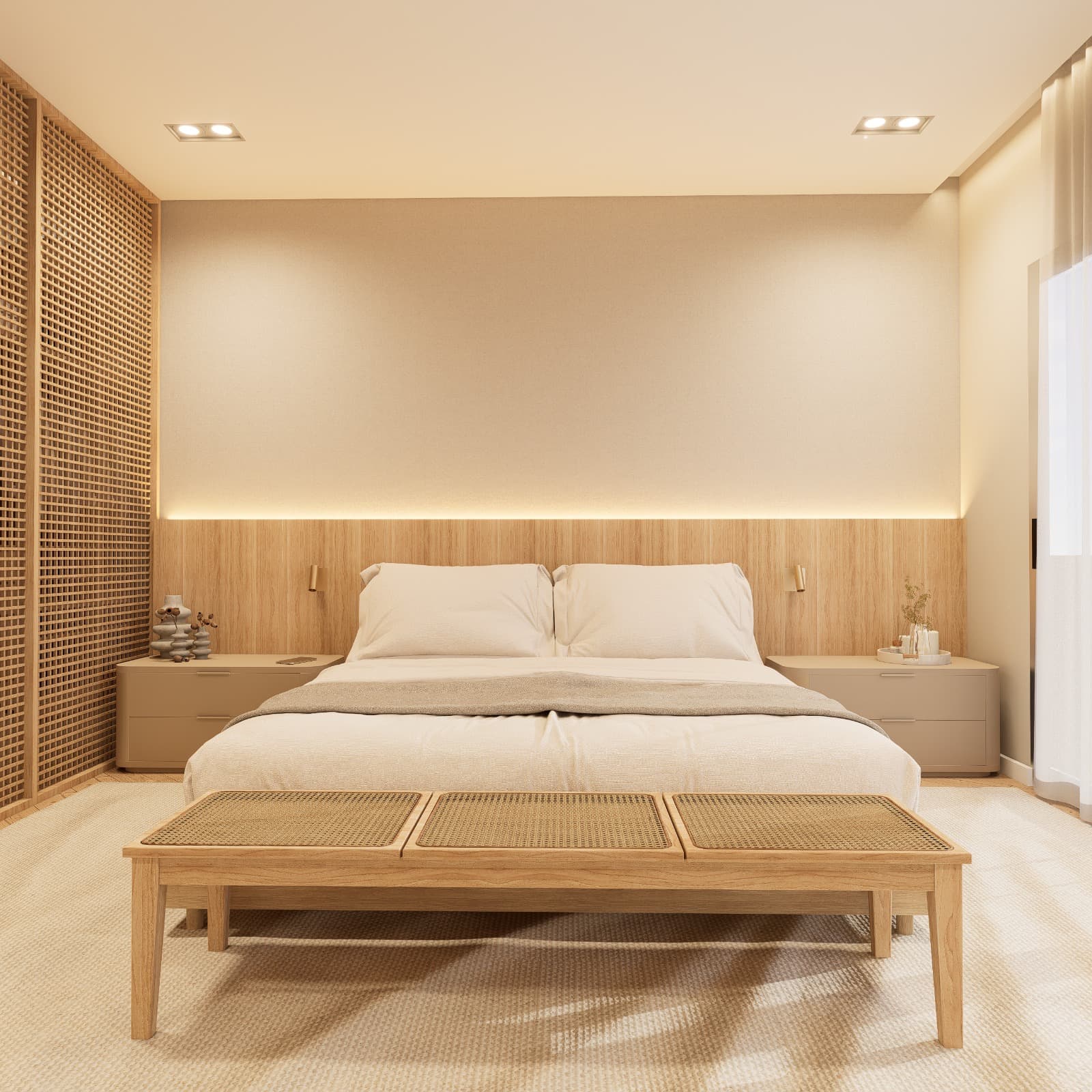 Ambientes residenciais integrados com paleta suave e marcenaria em madeira