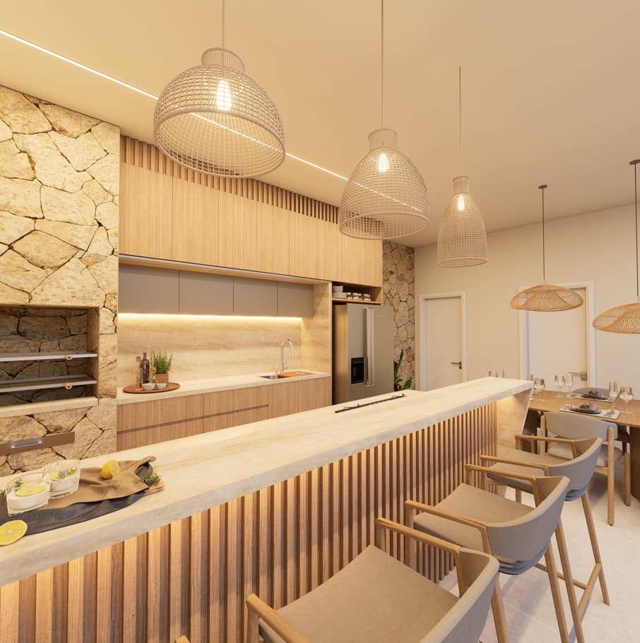 Cozinha planejada com marcenaria clara e bancada branca